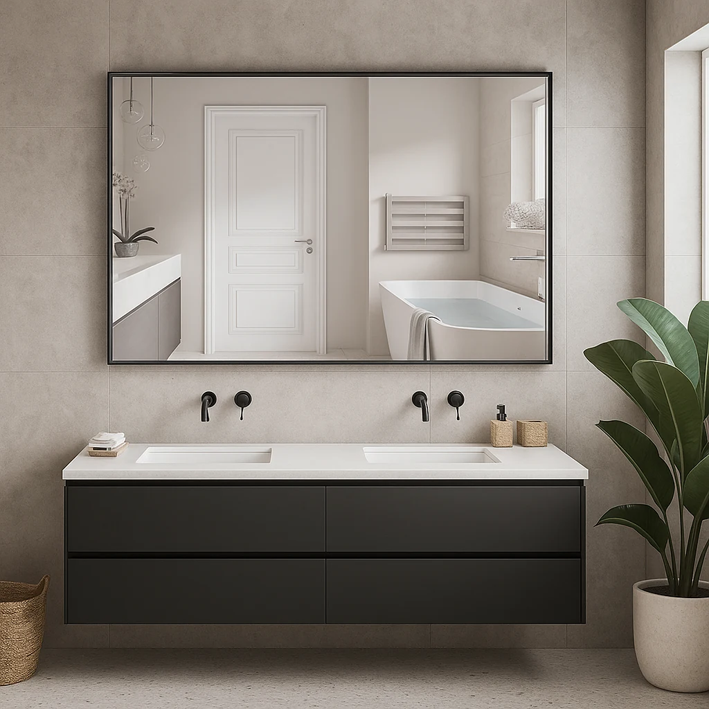 VARIO STEEL rectangular framed mirror for home-living and bathroom spaces, Origin Collection. Claris Company.
