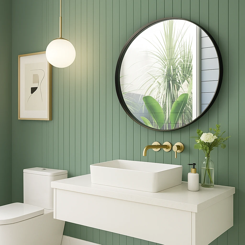 VELA round bathroom mirror in a slim black matte stainless steel frame, Origin Collection. Claris Company.