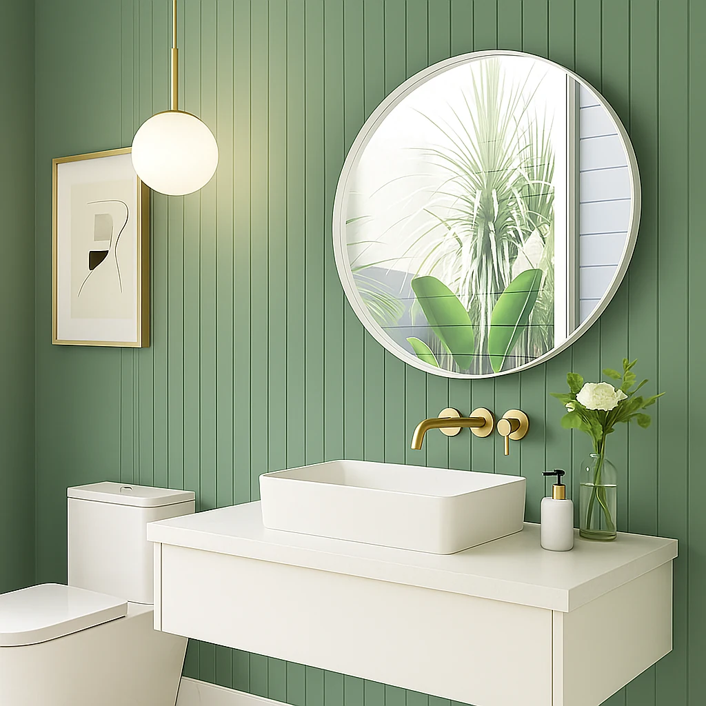 VELA round black-framed bathroom mirror, detail view, Origin Collection. Claris Company.