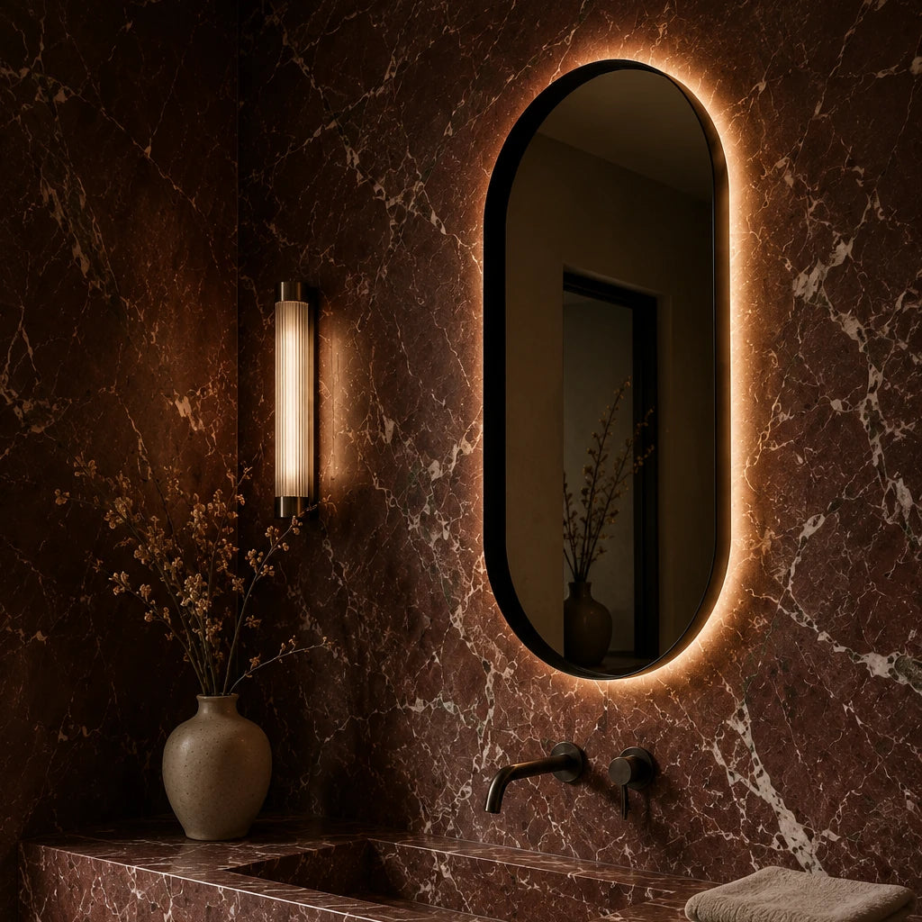 Claris DIANO BLACK mirror on Rosso Levanto marble, angled view