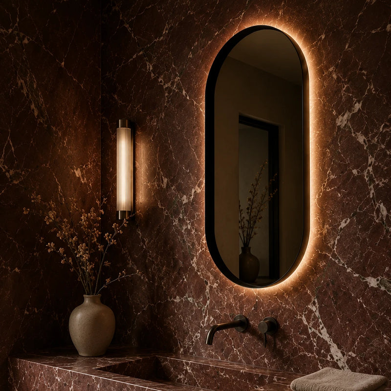 Claris DIANO BLACK mirror on Rosso Levanto marble, angled view