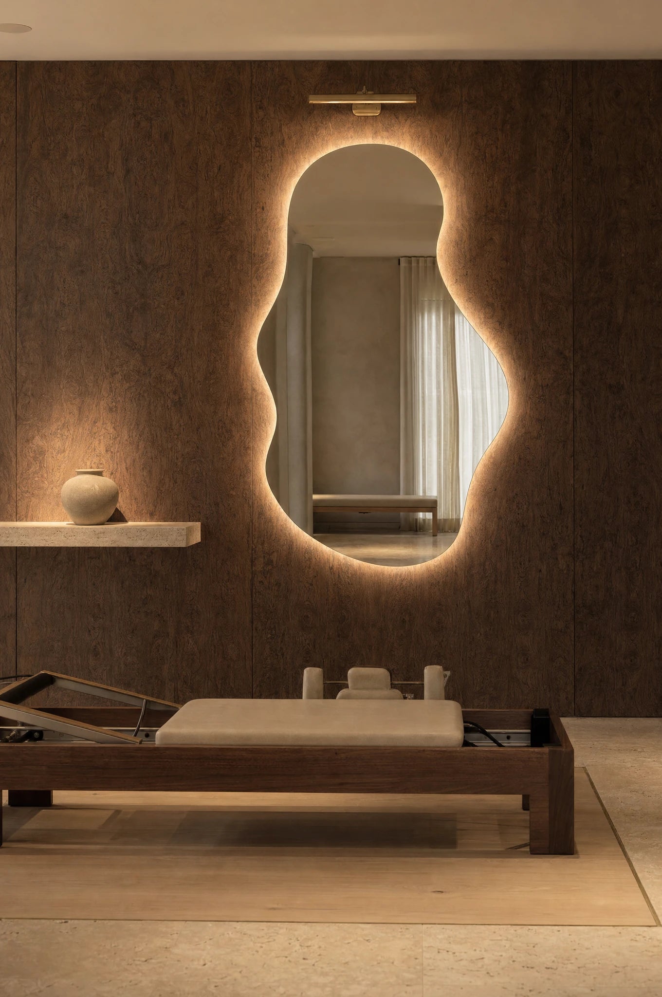 Claris EMIRA STUDIO organic backlit mirror in a boutique pilates studio, Studio Line