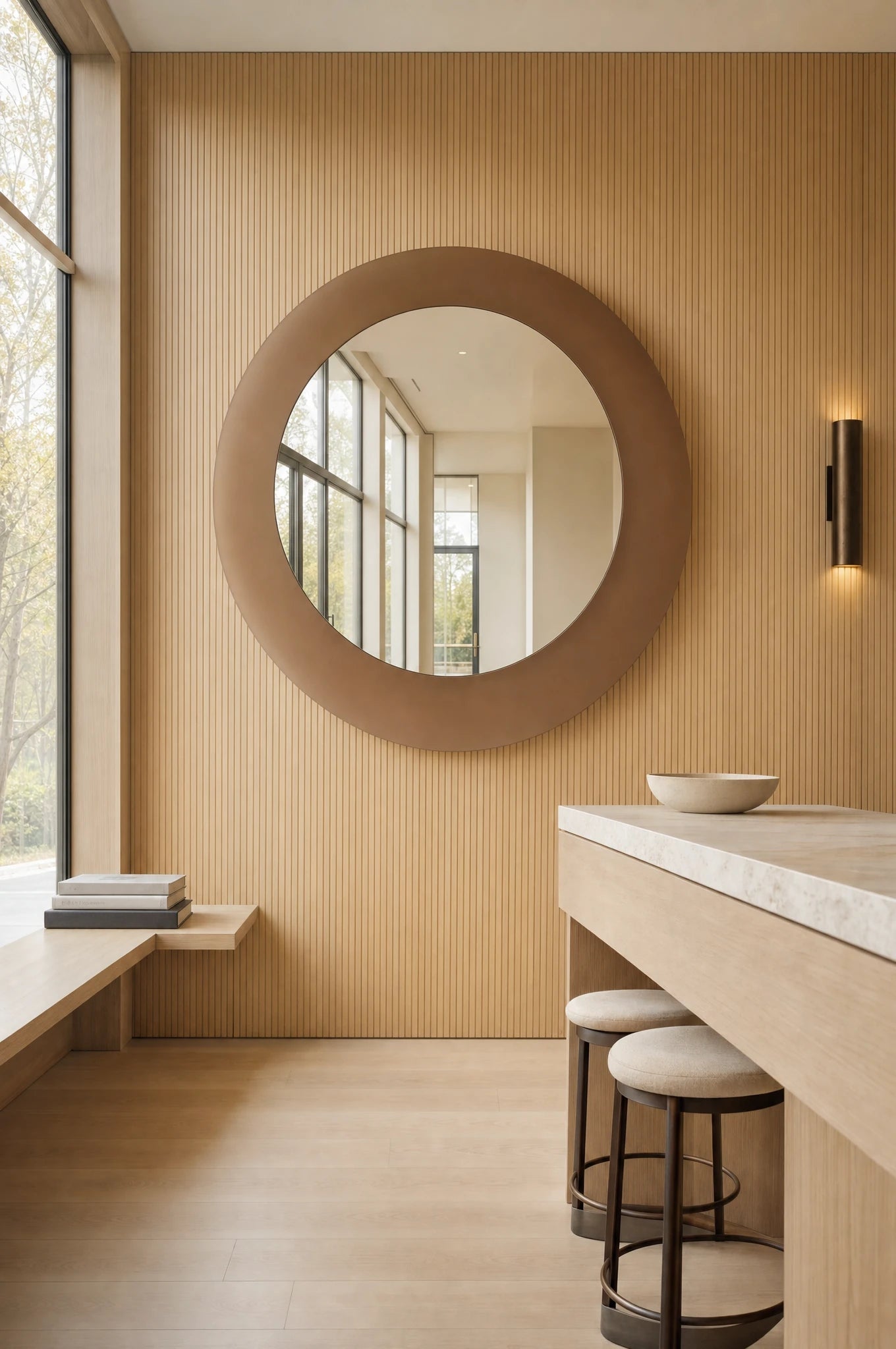 Claris GIGI STUDIO large-format round mirror with bronze frosted ring, unlit, in a design studio reception, Studio Line