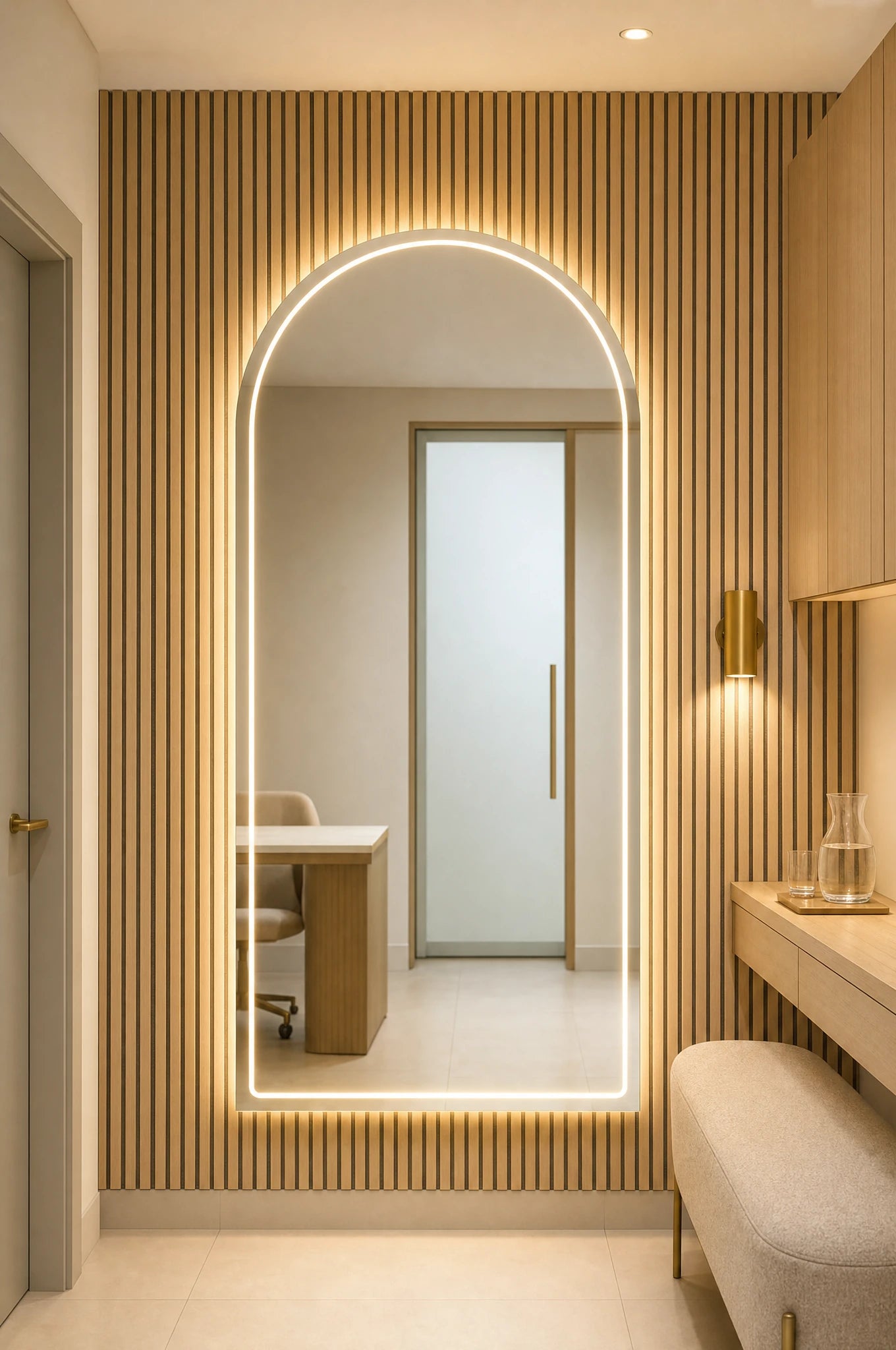Claris MARLOWE STUDIO front-lit arched mirror in an aesthetic clinic consultation room, Studio Line
