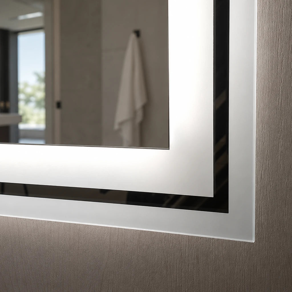 Claris MORENO backlit mirror with frosted band, close-up of the frosted band, dark line and outer rim