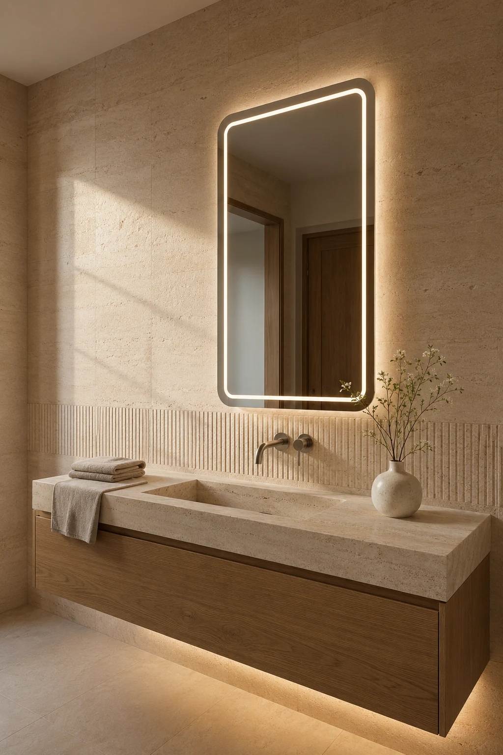Claris VITA backlit LED mirror above a stone vanity in a warm bathroom