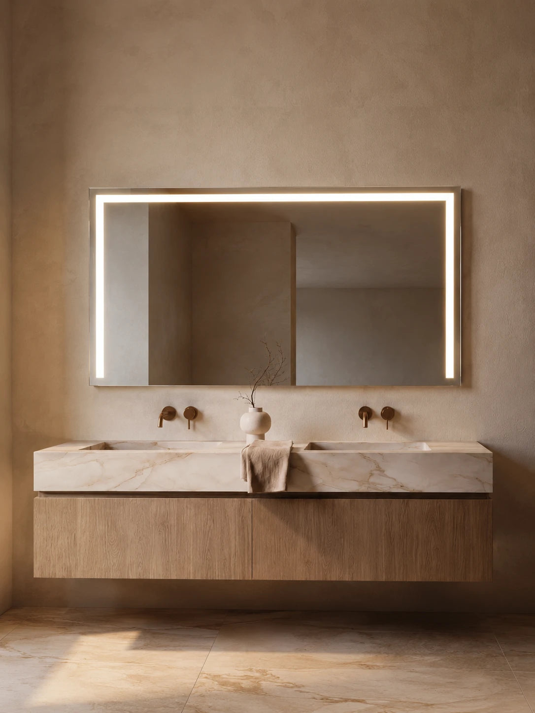 ACARI mirror in a bathroom, portrait view, Radiance Collection. Claris Company.