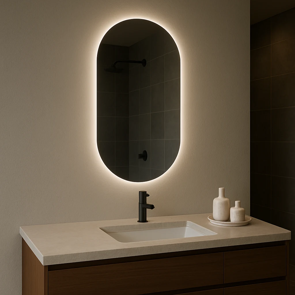 ACUTO oval backlit LED bathroom mirror with soft glow. Claris Company.