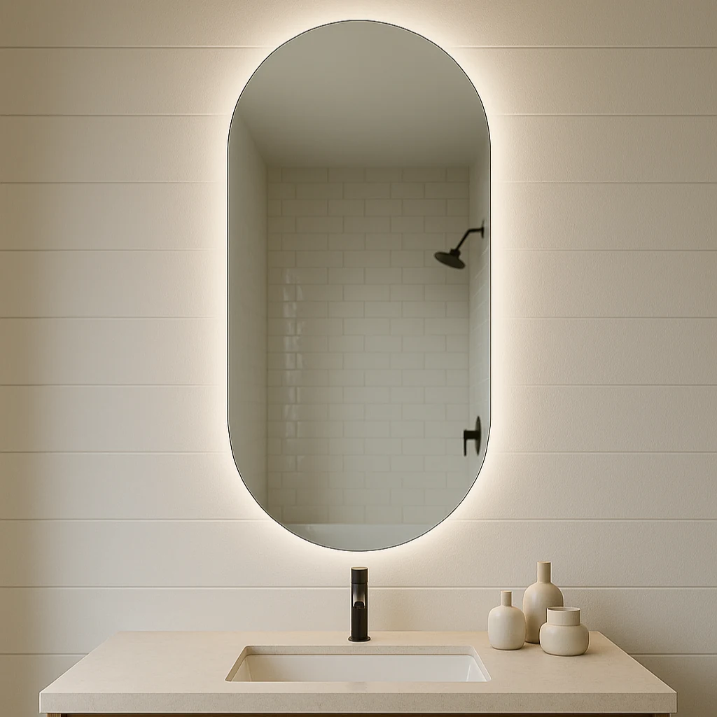ACUTO oval LED bathroom mirror with warm backlight. Claris Company.