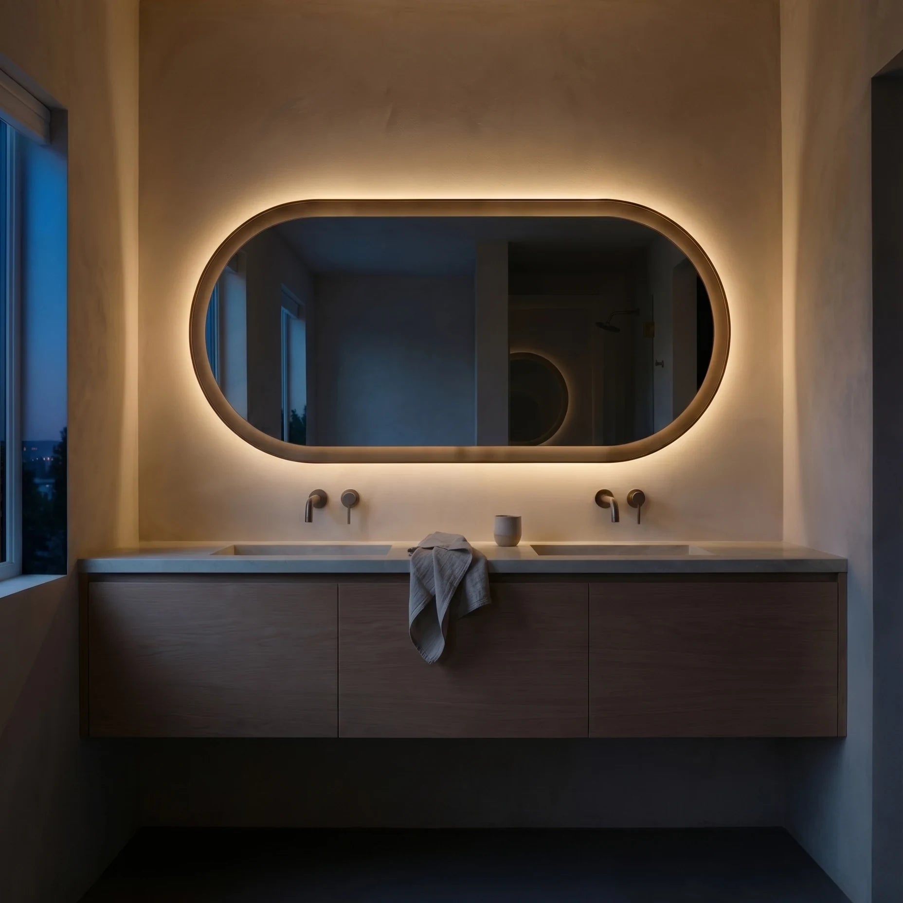 ALHENA mirror in a bathroom, Gemini Collection. Claris Company.