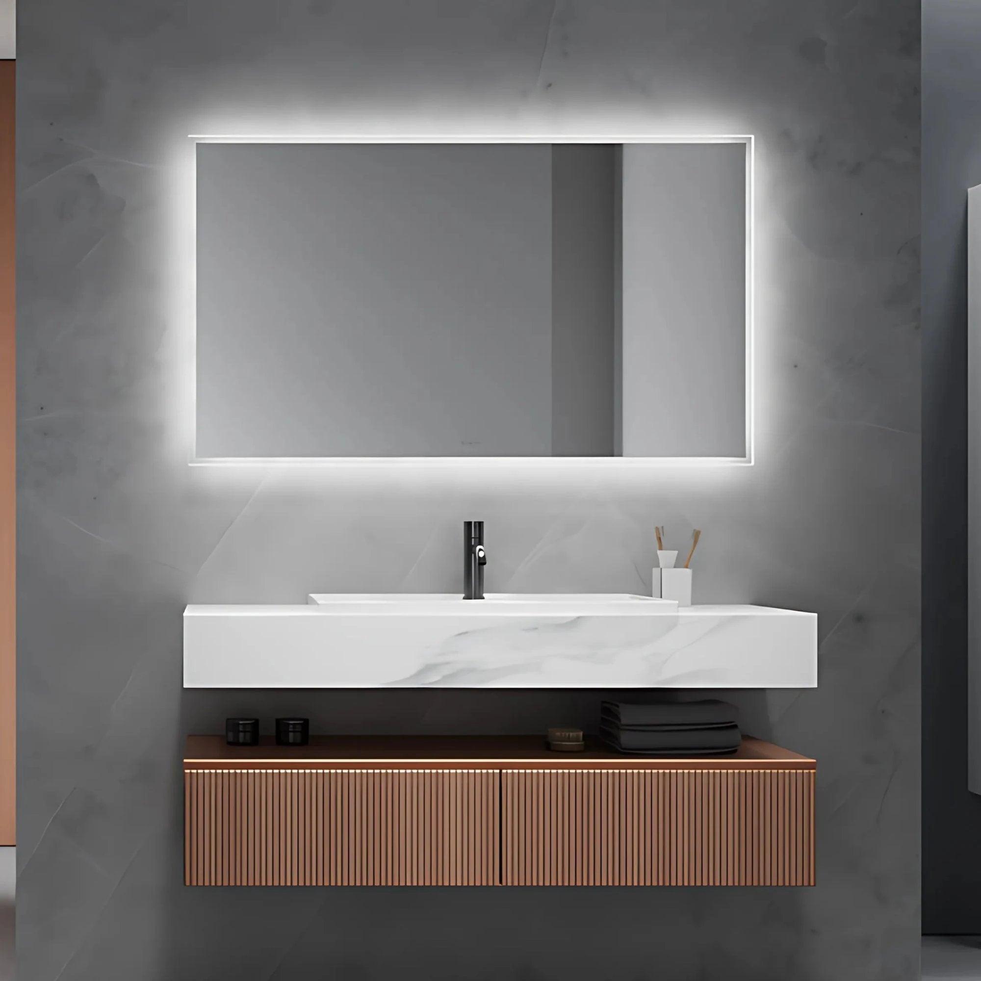 ANIMA LED bathroom mirror with frosted frame and soft white glow. Claris Company.