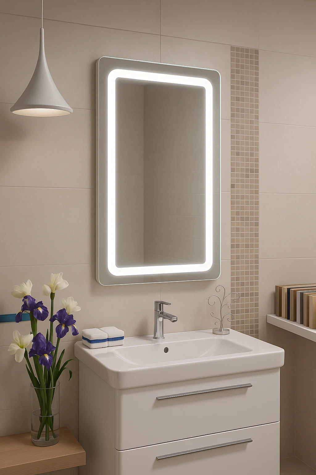 BARDI frosted-frame LED bathroom mirror with uniform light. Claris Company.