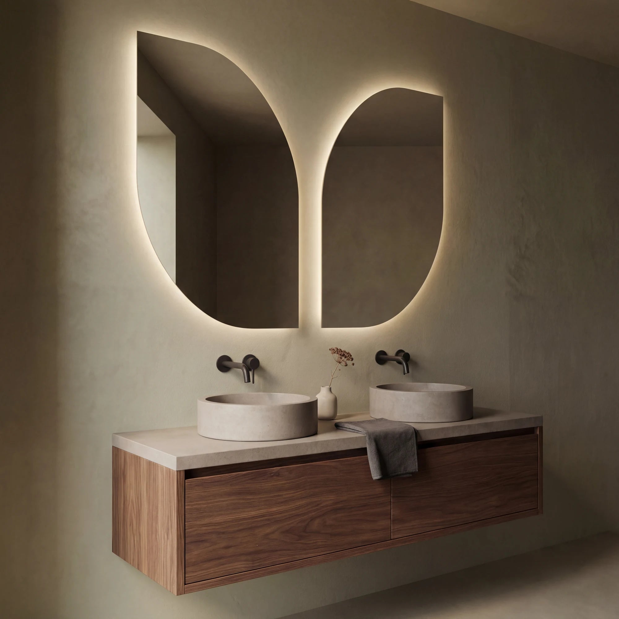 Claris BUTTERFLY asymmetric backlit LED bathroom mirror with single-wing form, Terra Collection