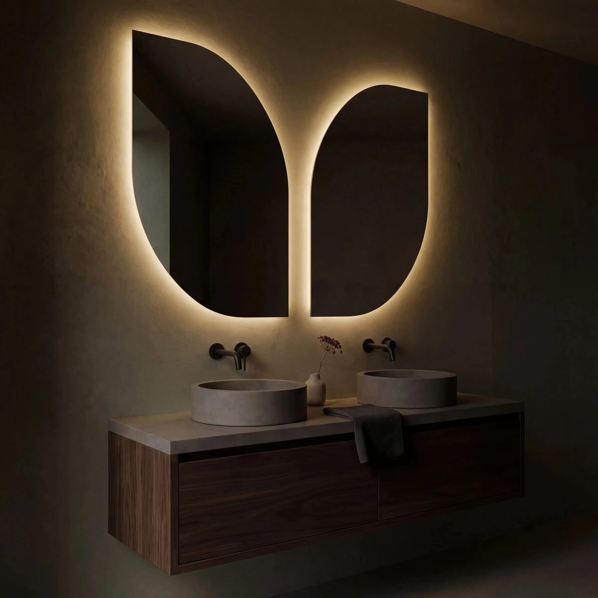 Claris BUTTERFLY asymmetric backlit LED bathroom mirror with single-wing form, Terra Collection