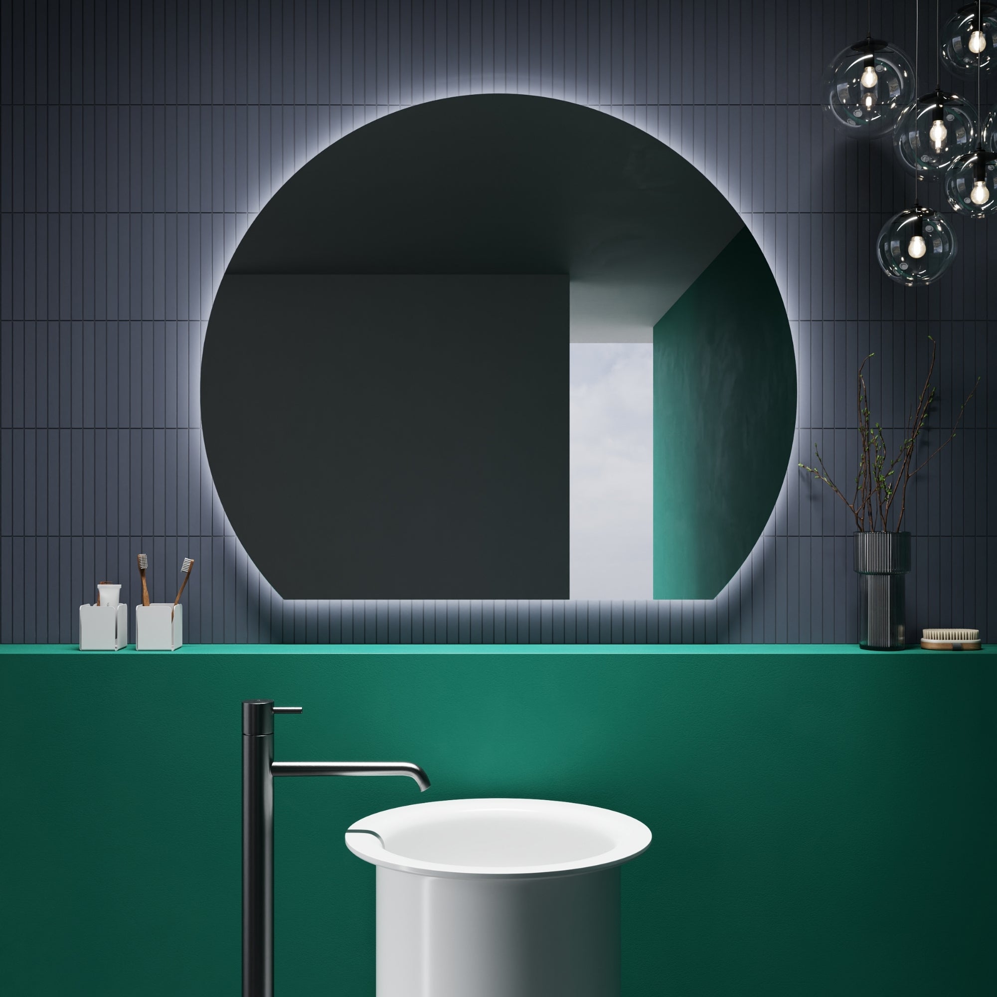 Close-up of COMO mirror’s smooth curves and artistic design