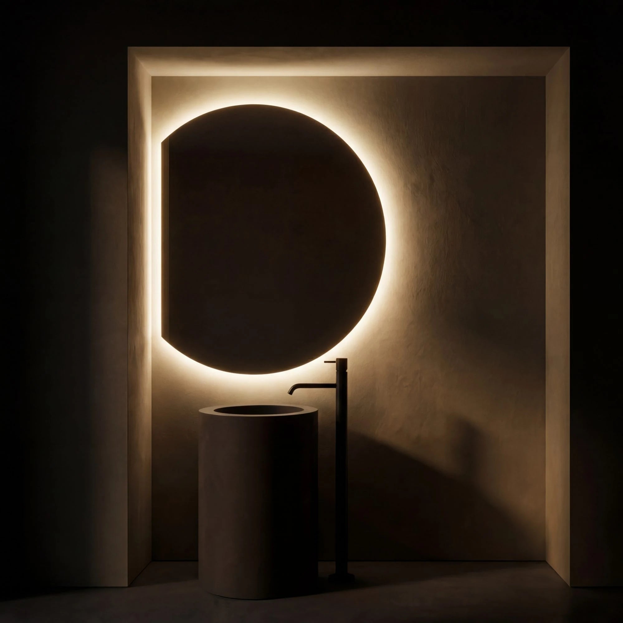 Claris COMO offset round backlit LED bathroom mirror in moon-phase silhouette, Terra Collection