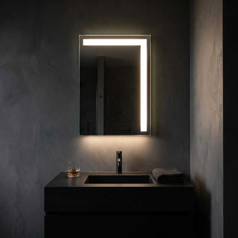 Claris BENO front-lit LED mirror with an off-centre light band on a charcoal wall