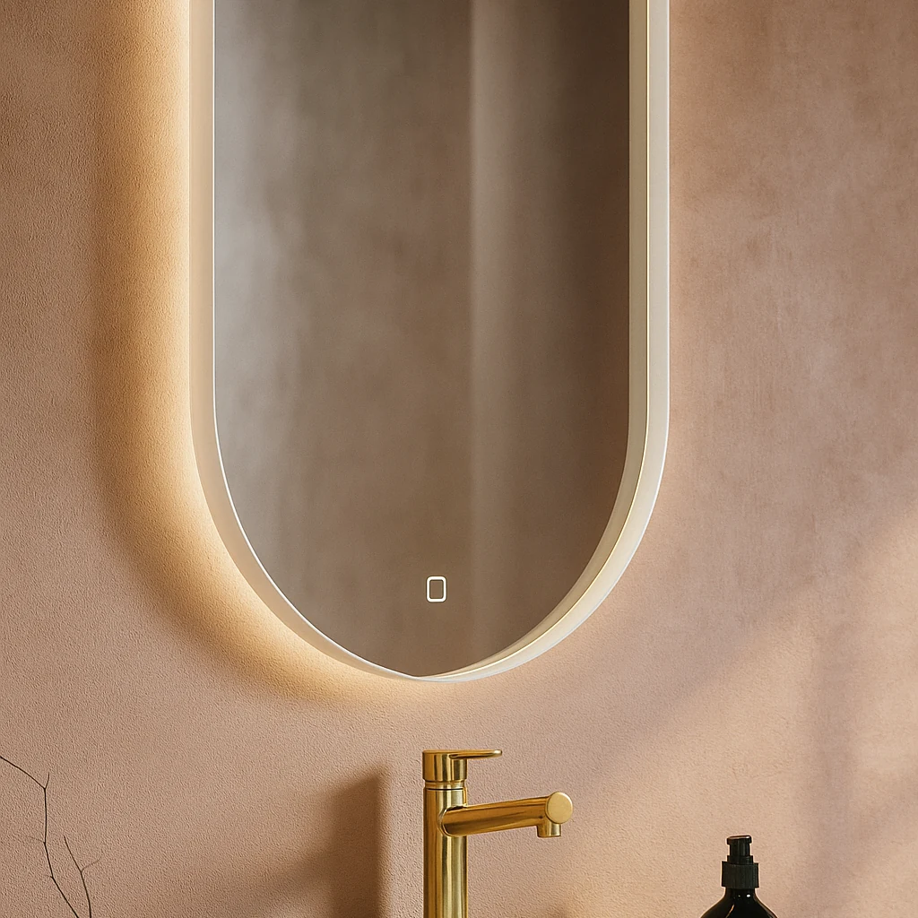 DIANO WHITE oval mirror in a bathroom with gold faucet and white sink. Claris Company.