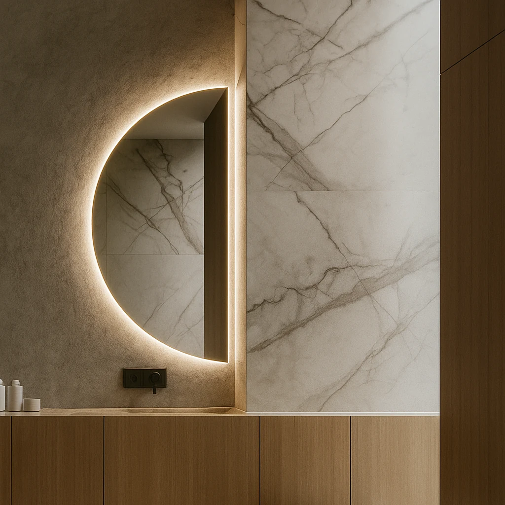 Elise half-moon LED bathroom mirror with curved illumination. Claris Company.