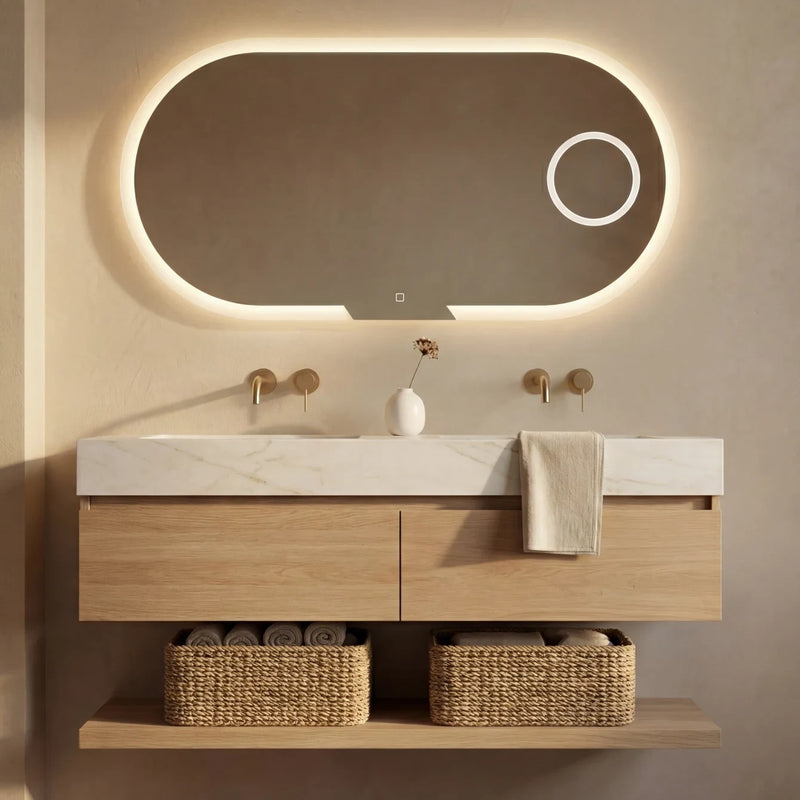Claris EVOLUTION 47 by 23.5 inch frosted-frame backlit LED bathroom mirror with integrated 5x magnifier, Radiance Collection