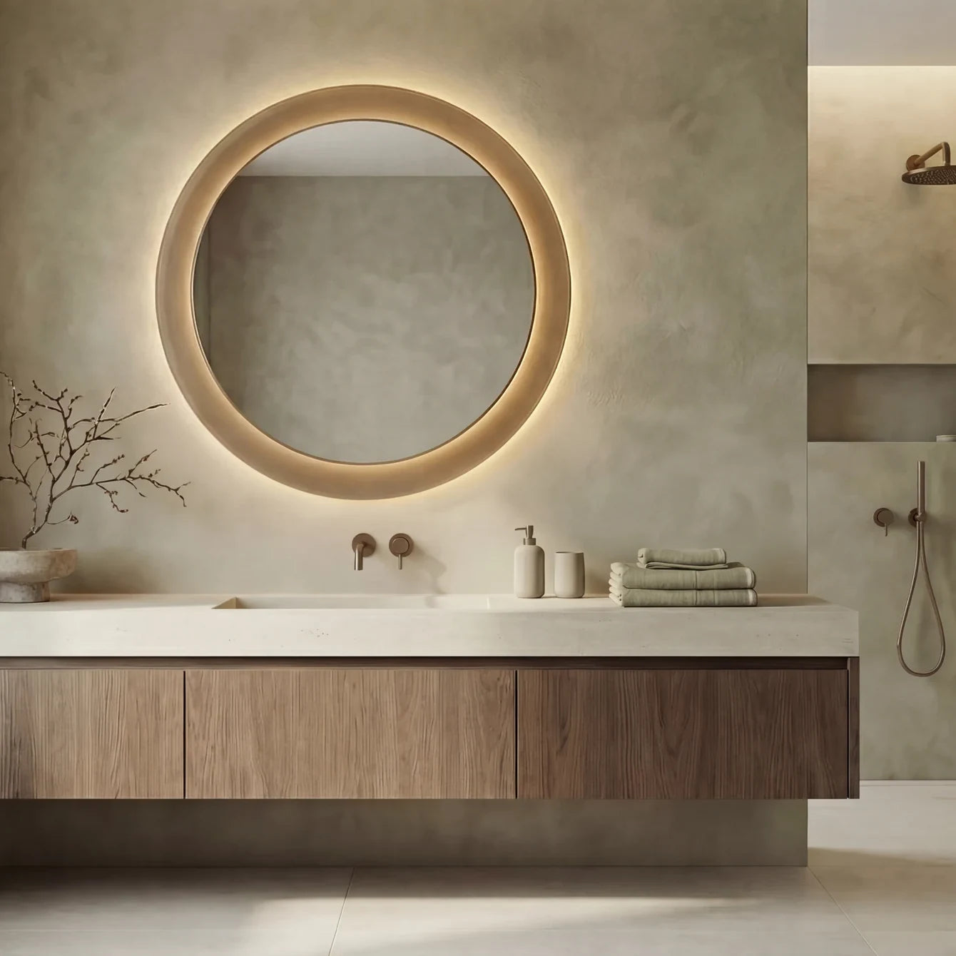 GIGI mirror in a bathroom, Gemini Collection. Claris Company.