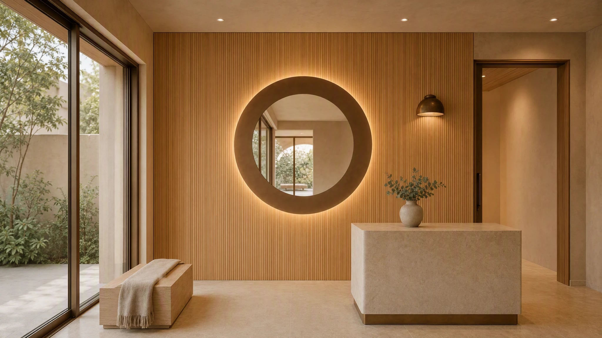 Claris GIGI STUDIO round mirror in a reception area, wide view, Studio Line