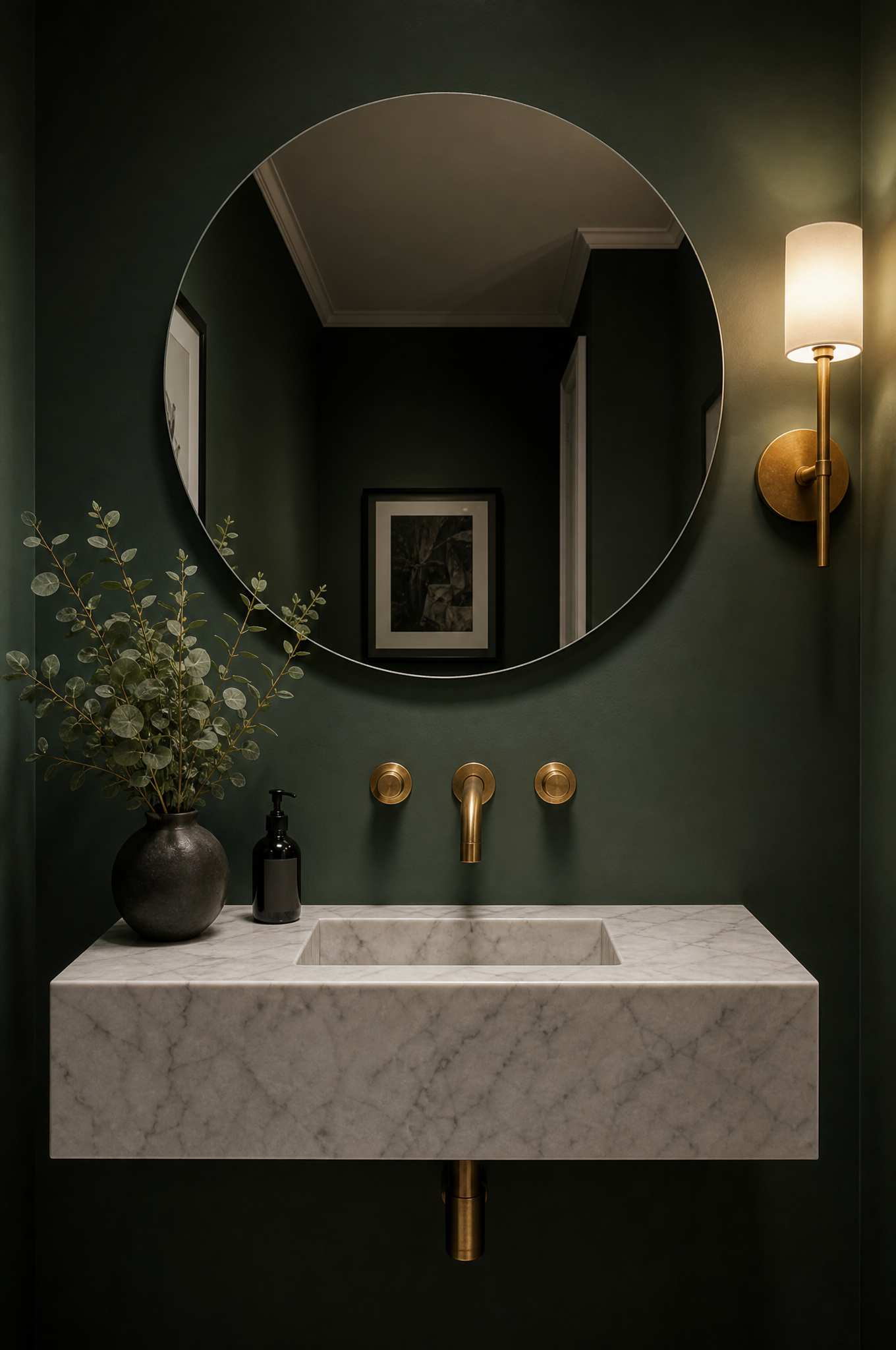 ASOLA round mirror in a deep green powder room