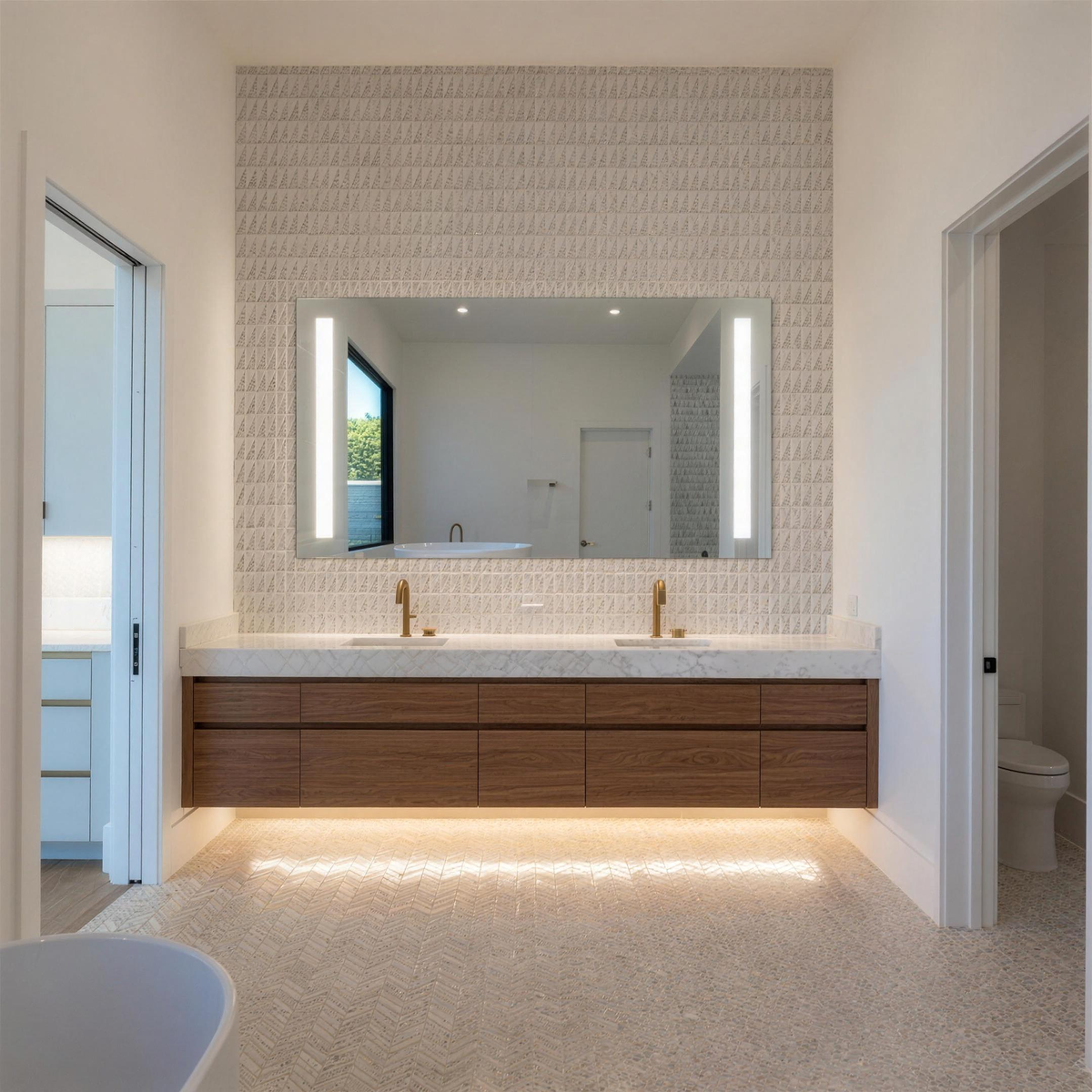 Claris LUGO LED mirror on a sculpted white tile wall above a walnut double vanity