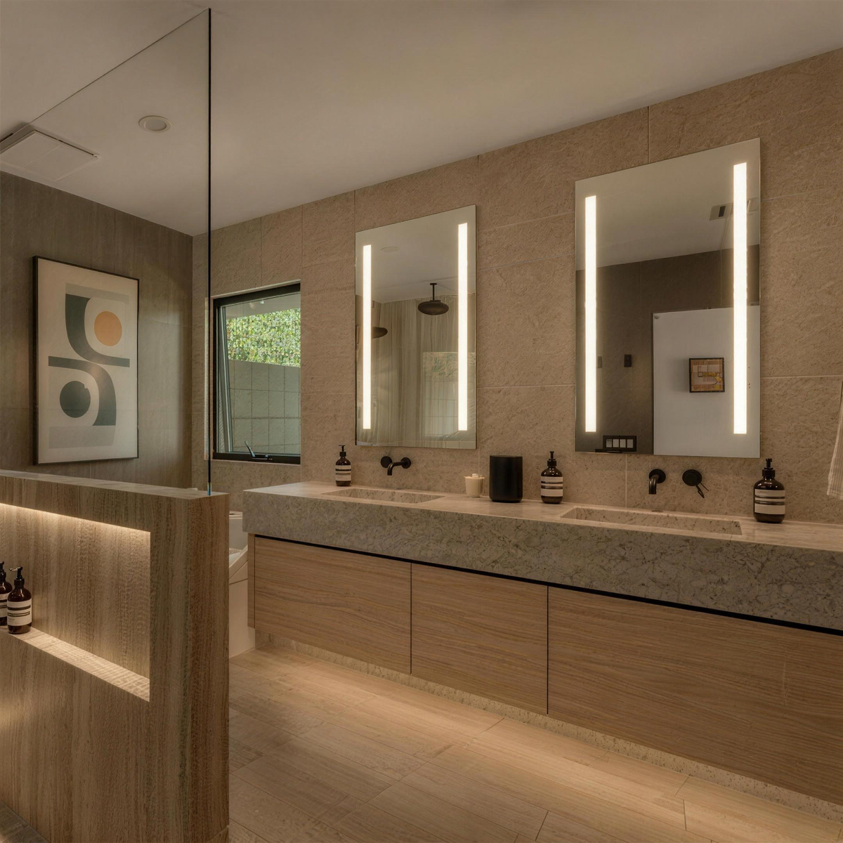 Claris LUGO LED mirrors, two vertical light bars each, over a quartzite double vanity in a travertine bathroom