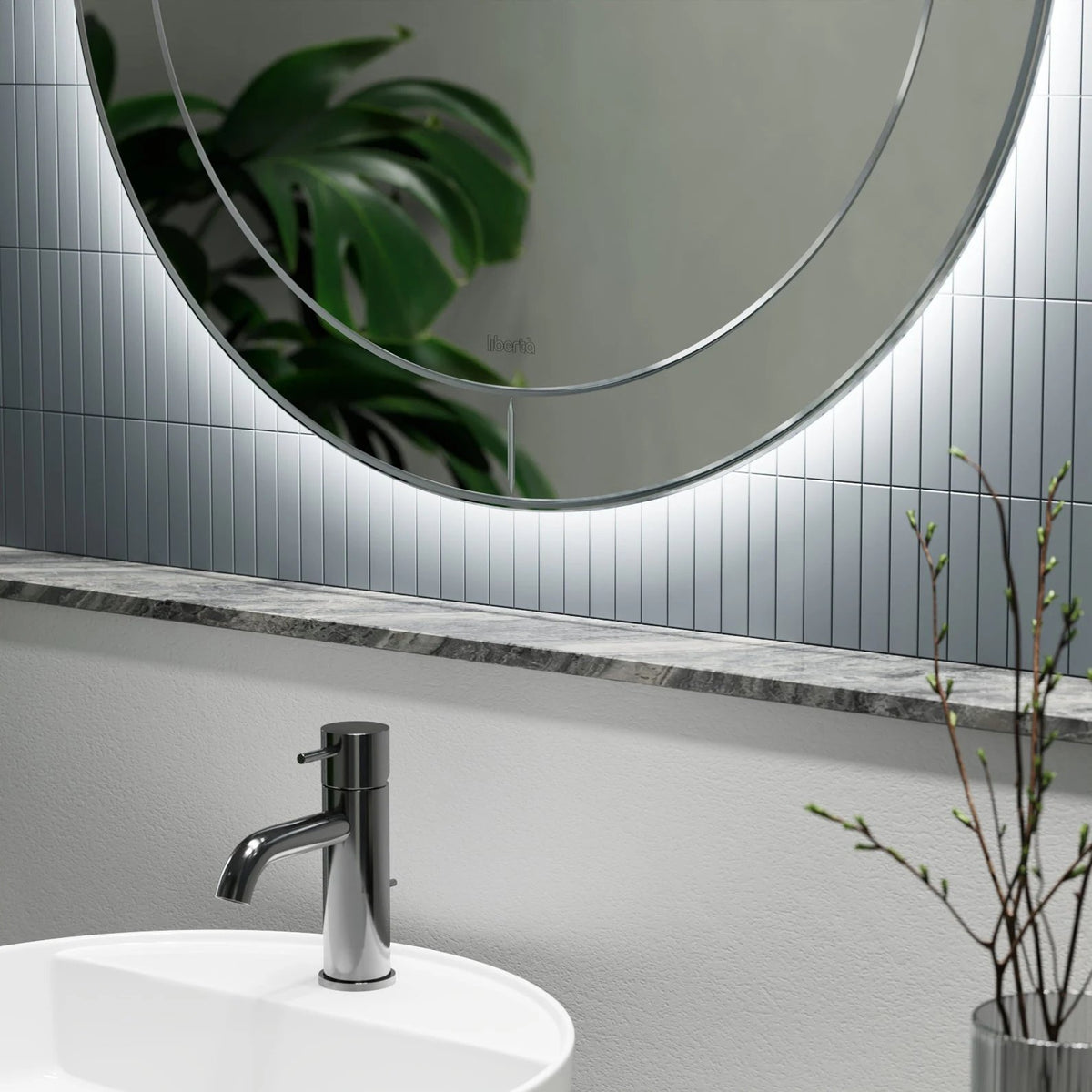 MOON round LED bathroom mirror with refined detail. Claris Company.