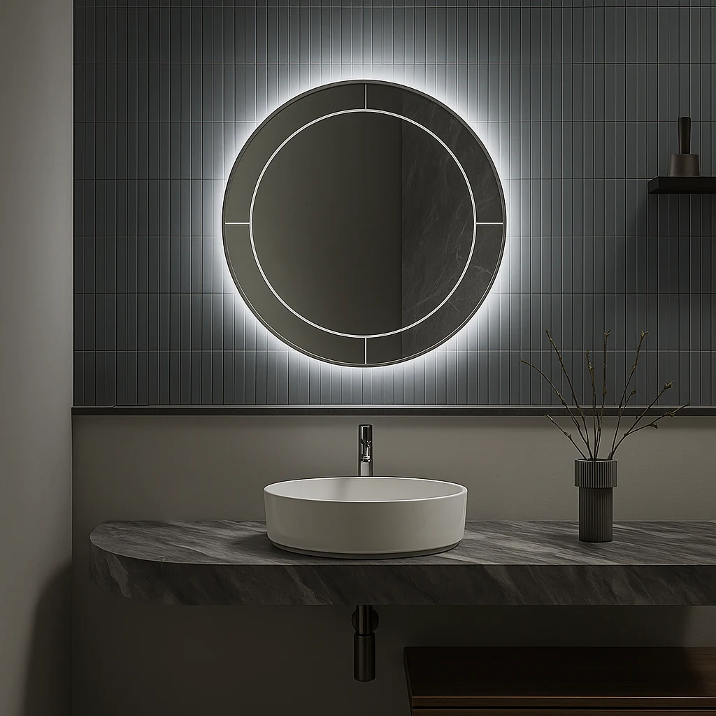 MOON round LED bathroom mirror with soft geometry. Claris Company.