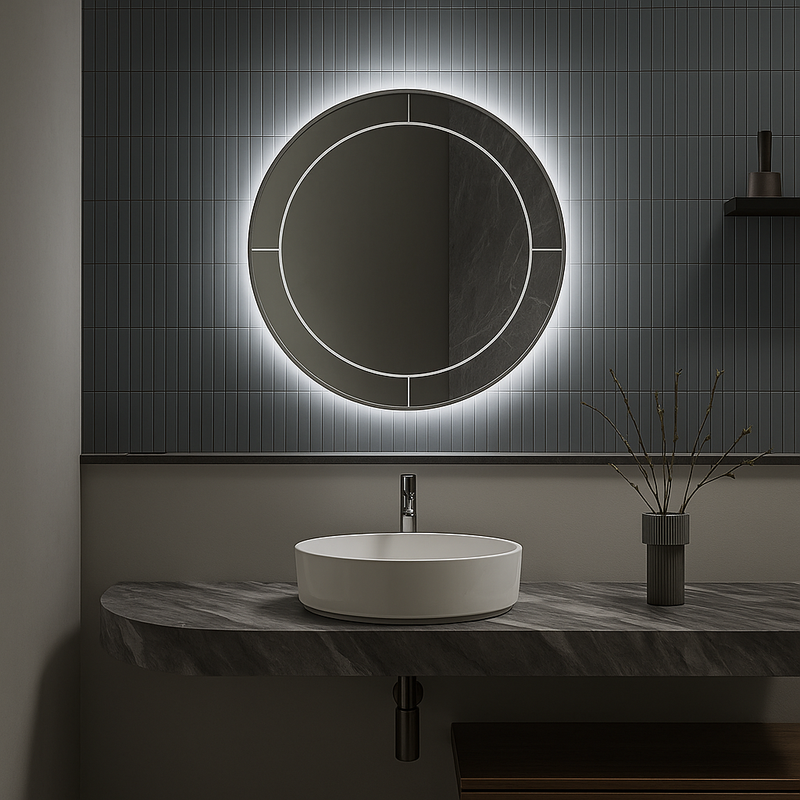 MOON round LED bathroom mirror with soft geometry. Claris Company.