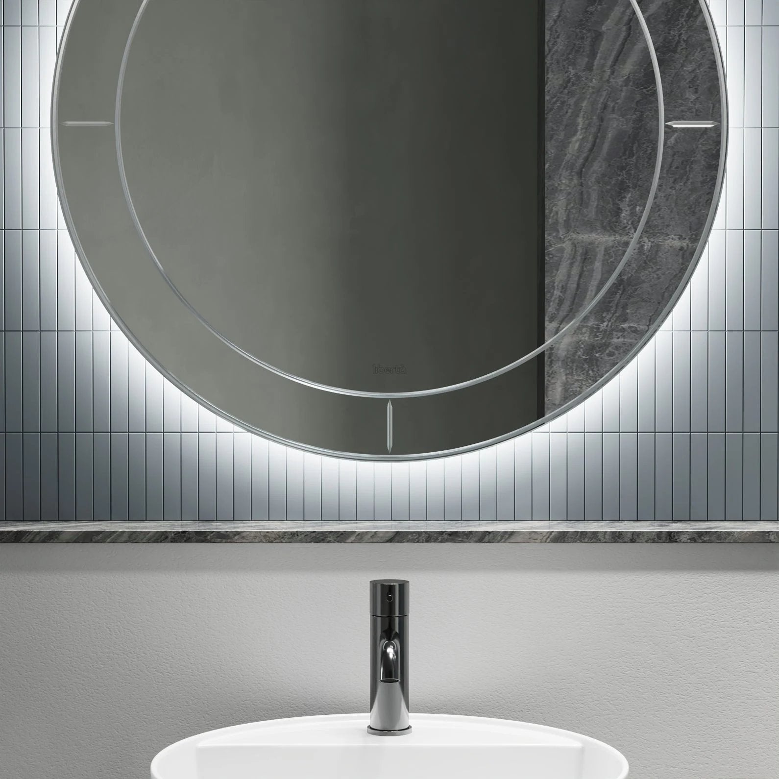 MOON circular LED bathroom mirror with balanced illumination. Claris Company.