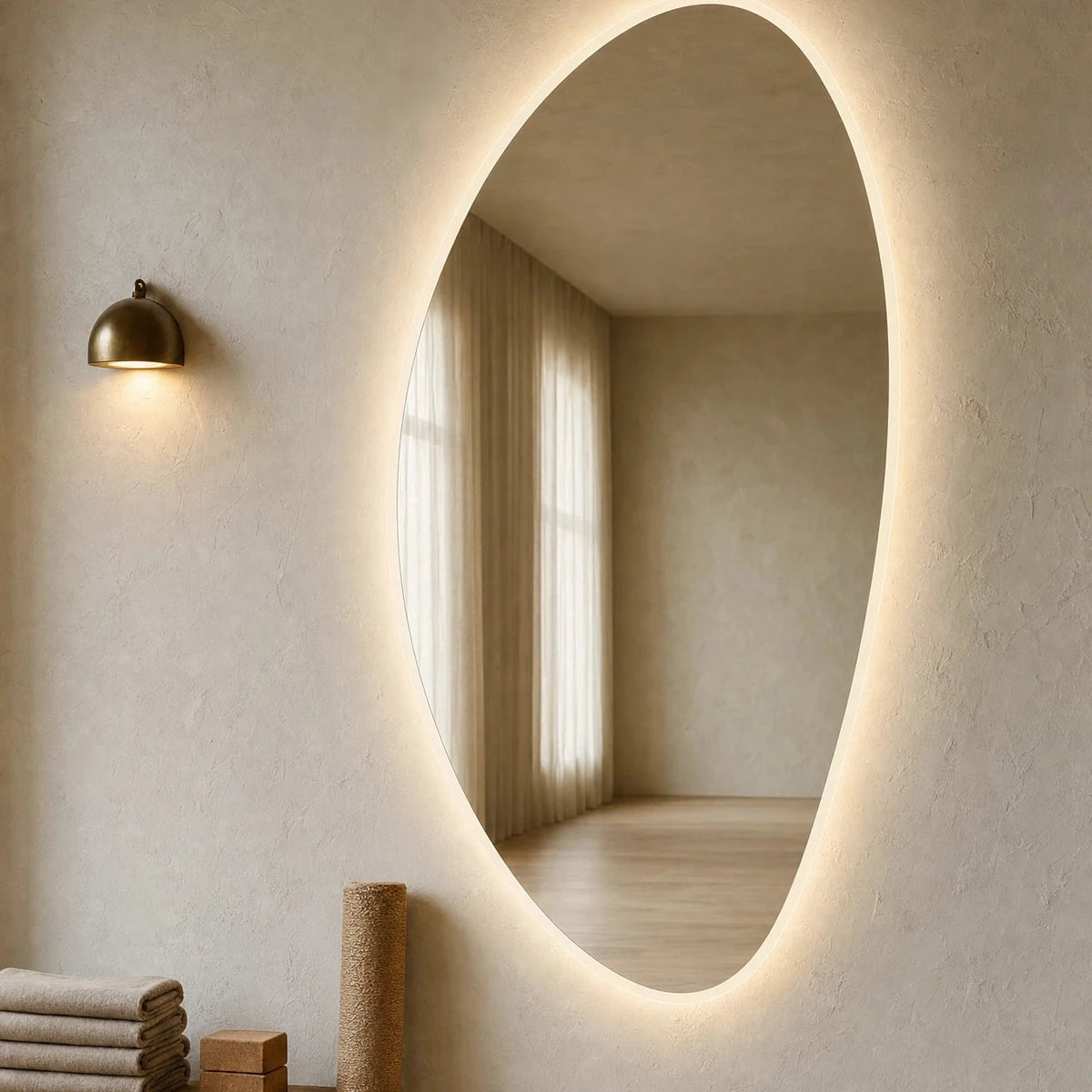 Claris PEBBLE STUDIO large-format river-stone mirror with illuminated frosted edge in a yoga studio, Studio Line