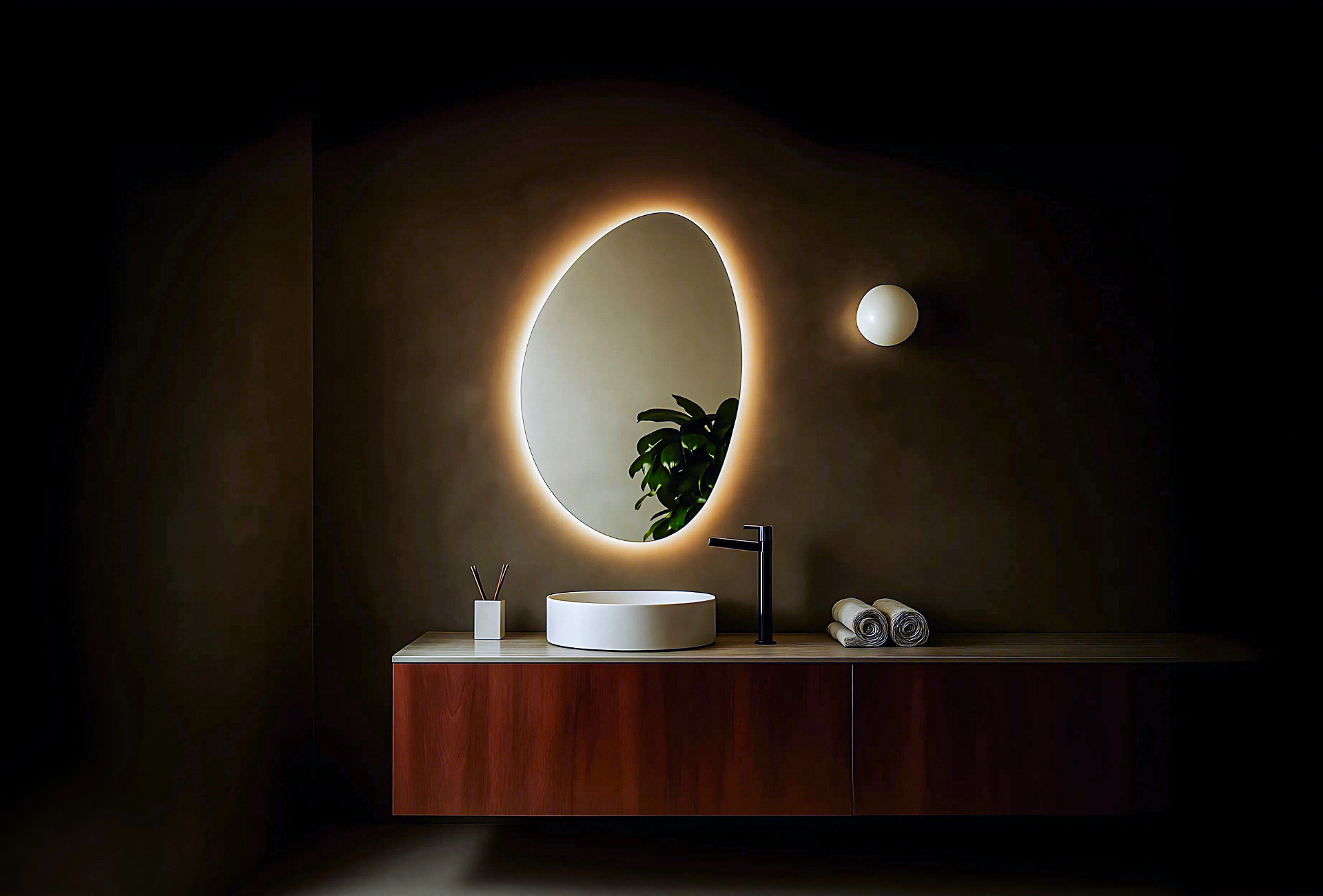 Bathroom vanity with round illuminated mirror and dark wall