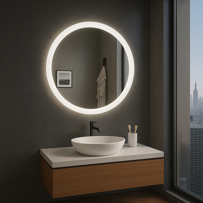 Sensa circular LED bathroom mirror with halo lighting. Claris Company.