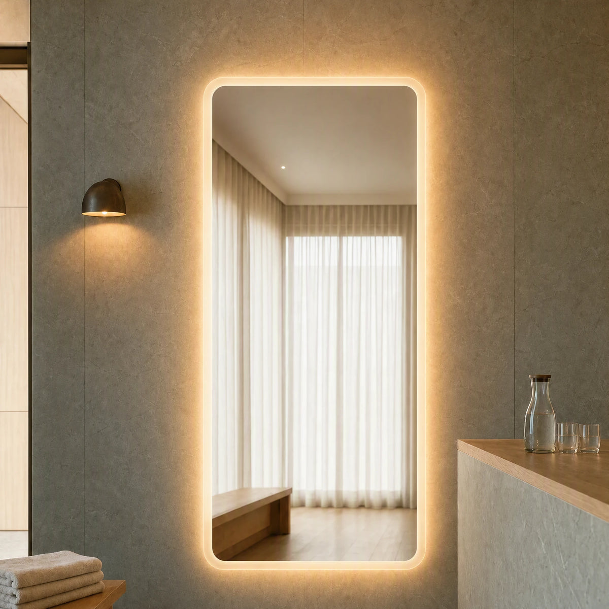 Claris SOUL STUDIO large-format backlit mirror in a yoga sanctuary reception, Studio Line