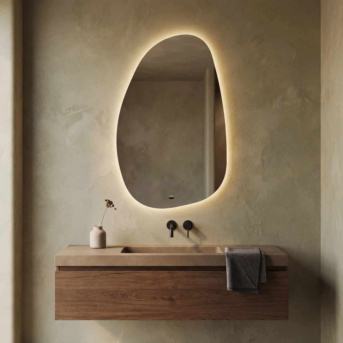 Claris STONE asymmetric backlit LED bathroom mirror with raw rock silhouette, Terra Collection