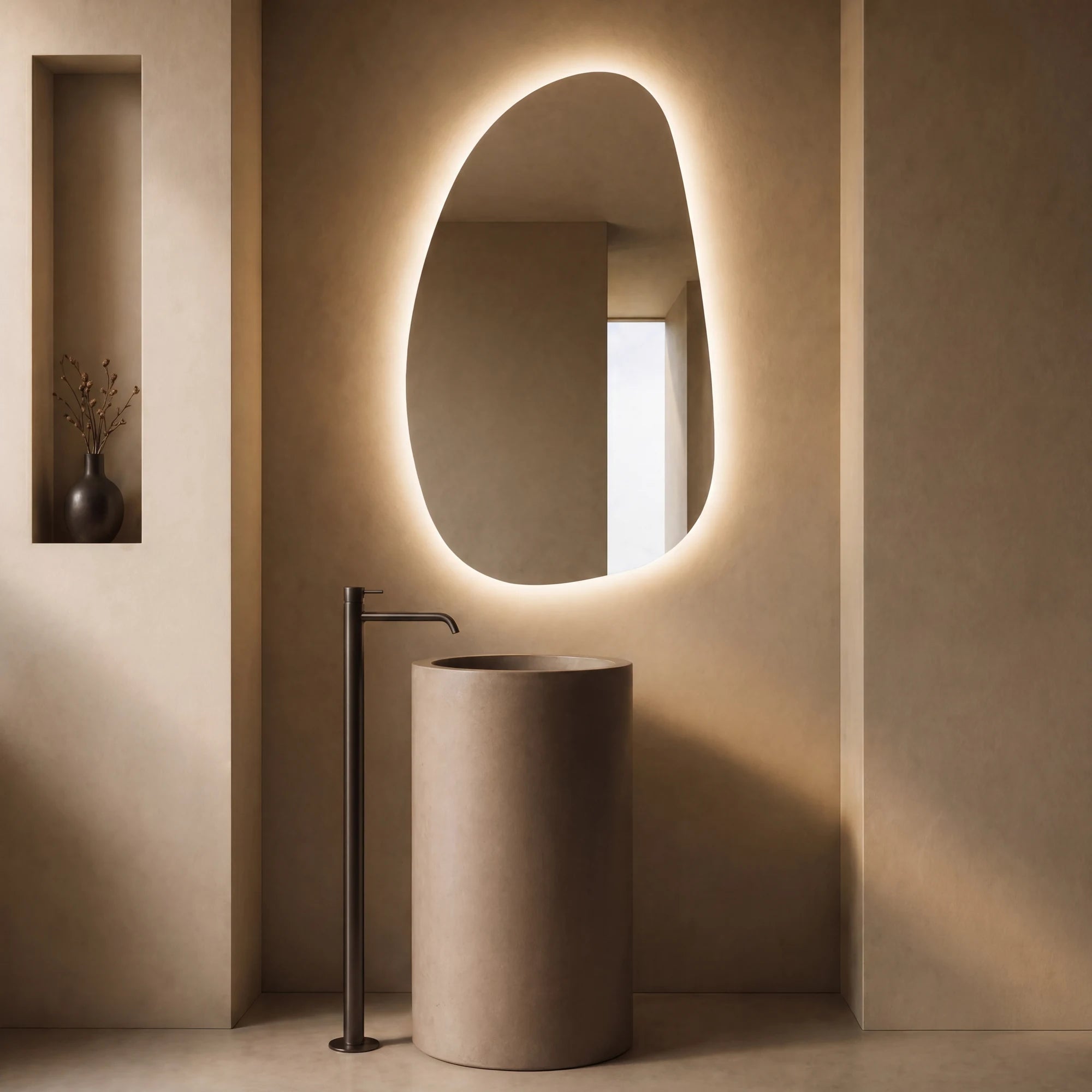 Claris STONE asymmetric backlit LED bathroom mirror with raw rock silhouette, Terra Collection