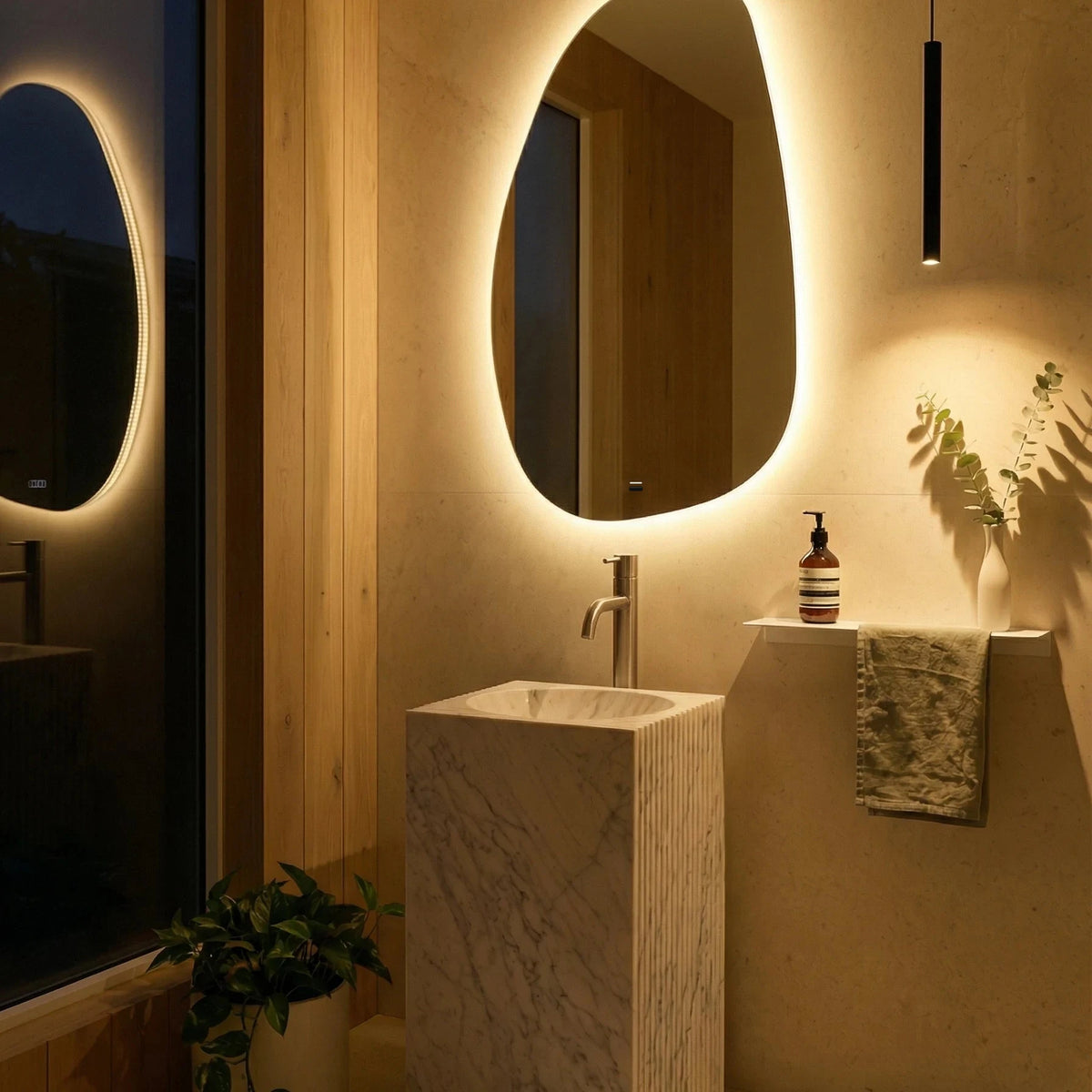 Claris STONE asymmetric backlit LED bathroom mirror, Terra Collection, view 4