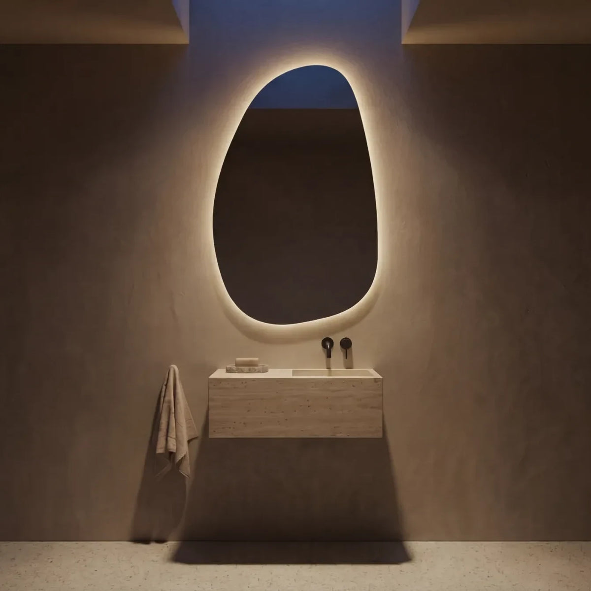 Claris STONE asymmetric backlit LED bathroom mirror, Terra Collection, view 5