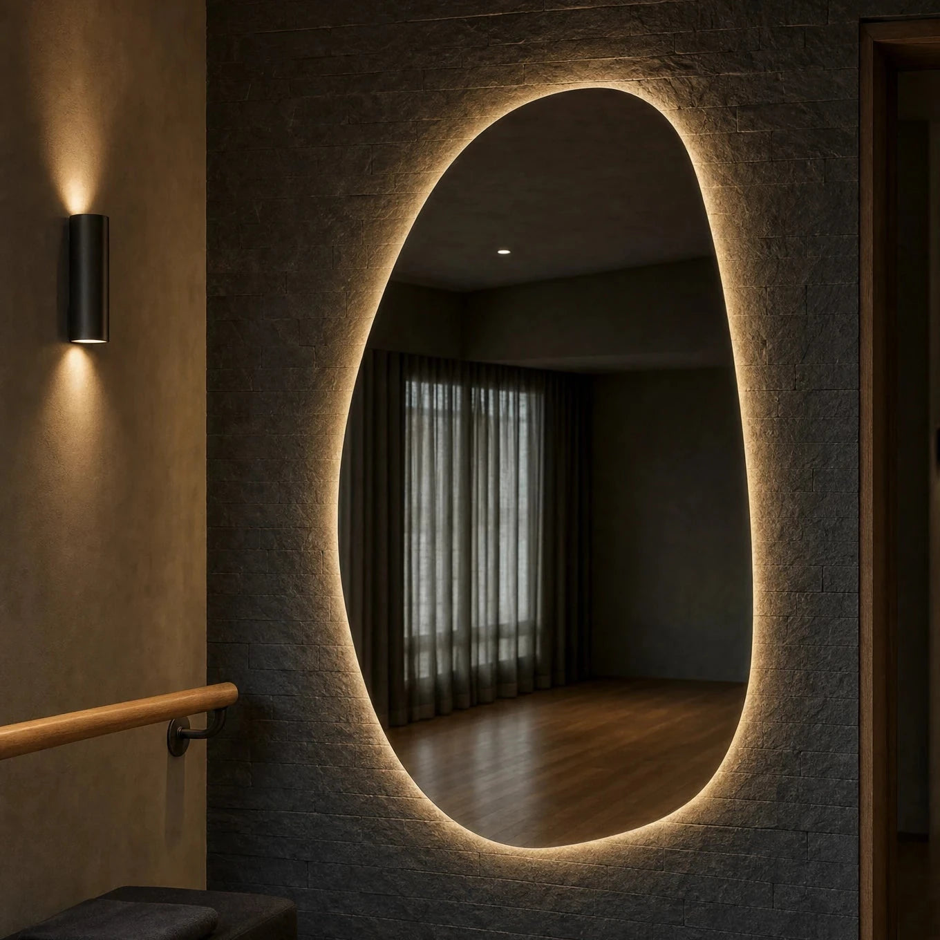 Claris STONE STUDIO large-format asymmetric backlit mirror in a dance and movement studio, Studio Line