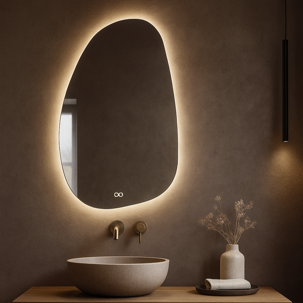 Bathroom vanity with illuminated oval mirror and wooden cabinet.