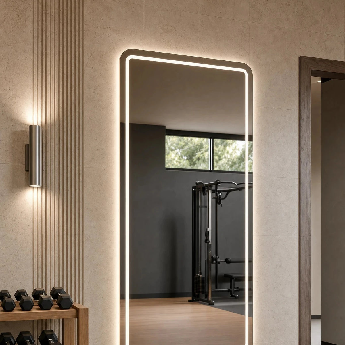 Claris VITA STUDIO large-format backlit mirror with frosted inner light band in a performance gym, Studio Line
