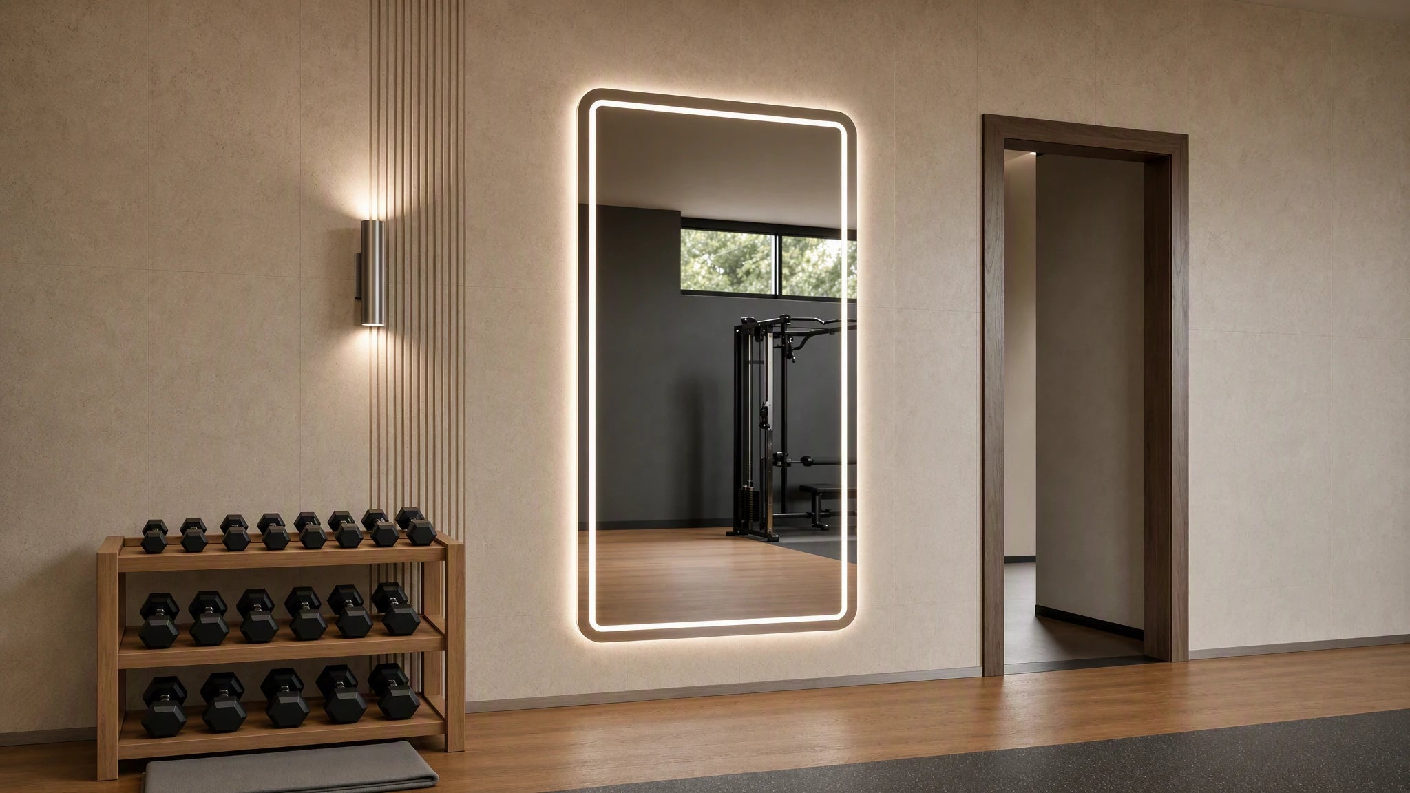 Claris VITA STUDIO backlit mirror in a performance gym, wide view, Studio Line