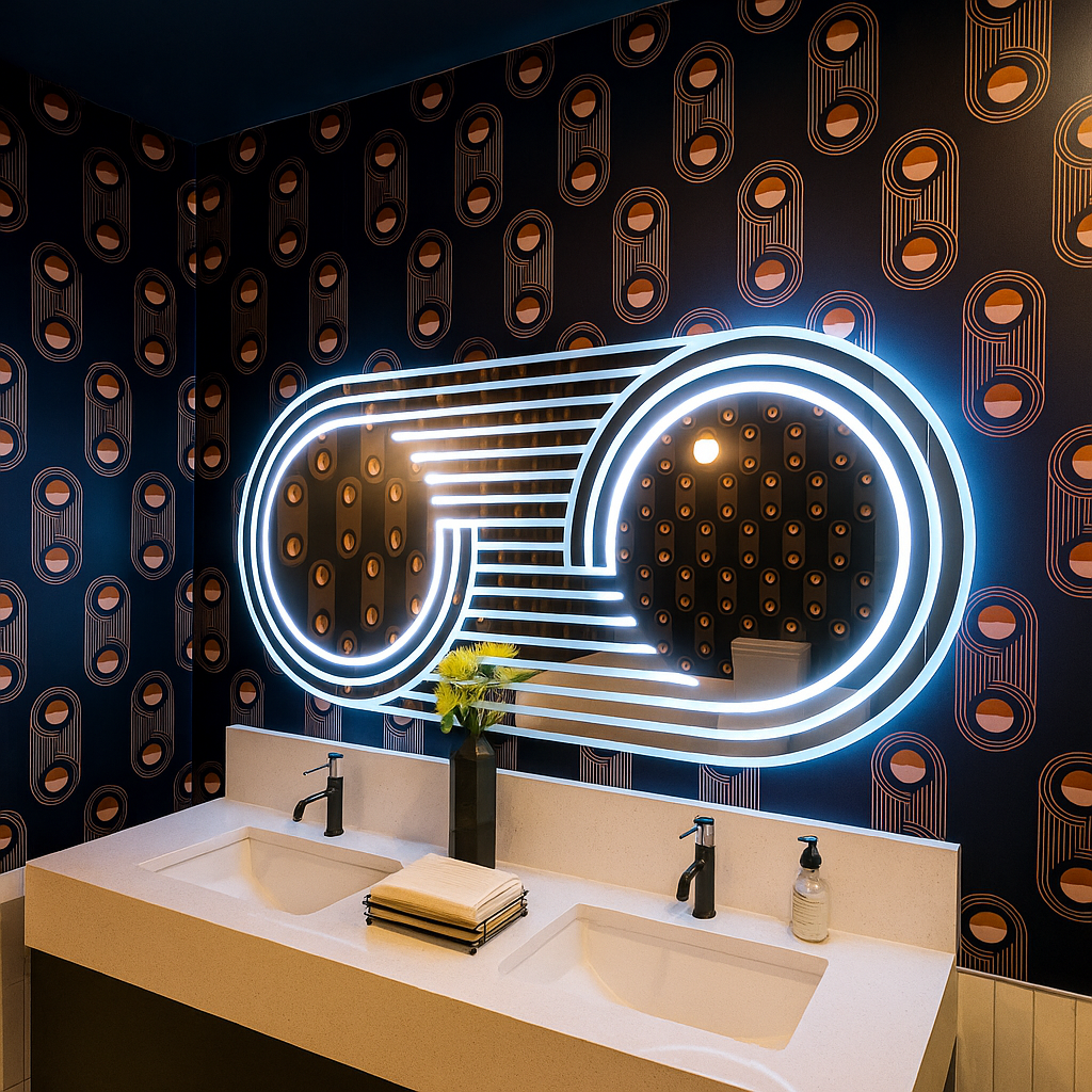 Gemini and Butterfly designer mirrors by Claris at OCHE King West, Toronto, a hospitality interior by Krista Toman.