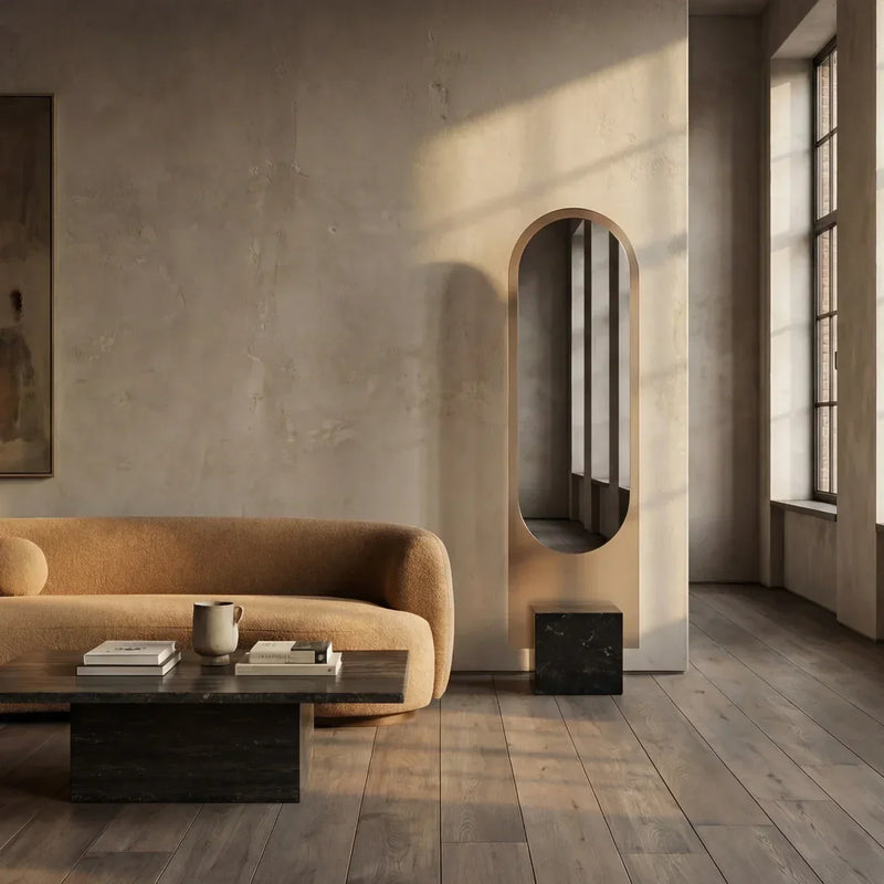 ALICE freestanding two-layer glass sculpture mirror on a Cosentino ĒCLOS base by Claris Company