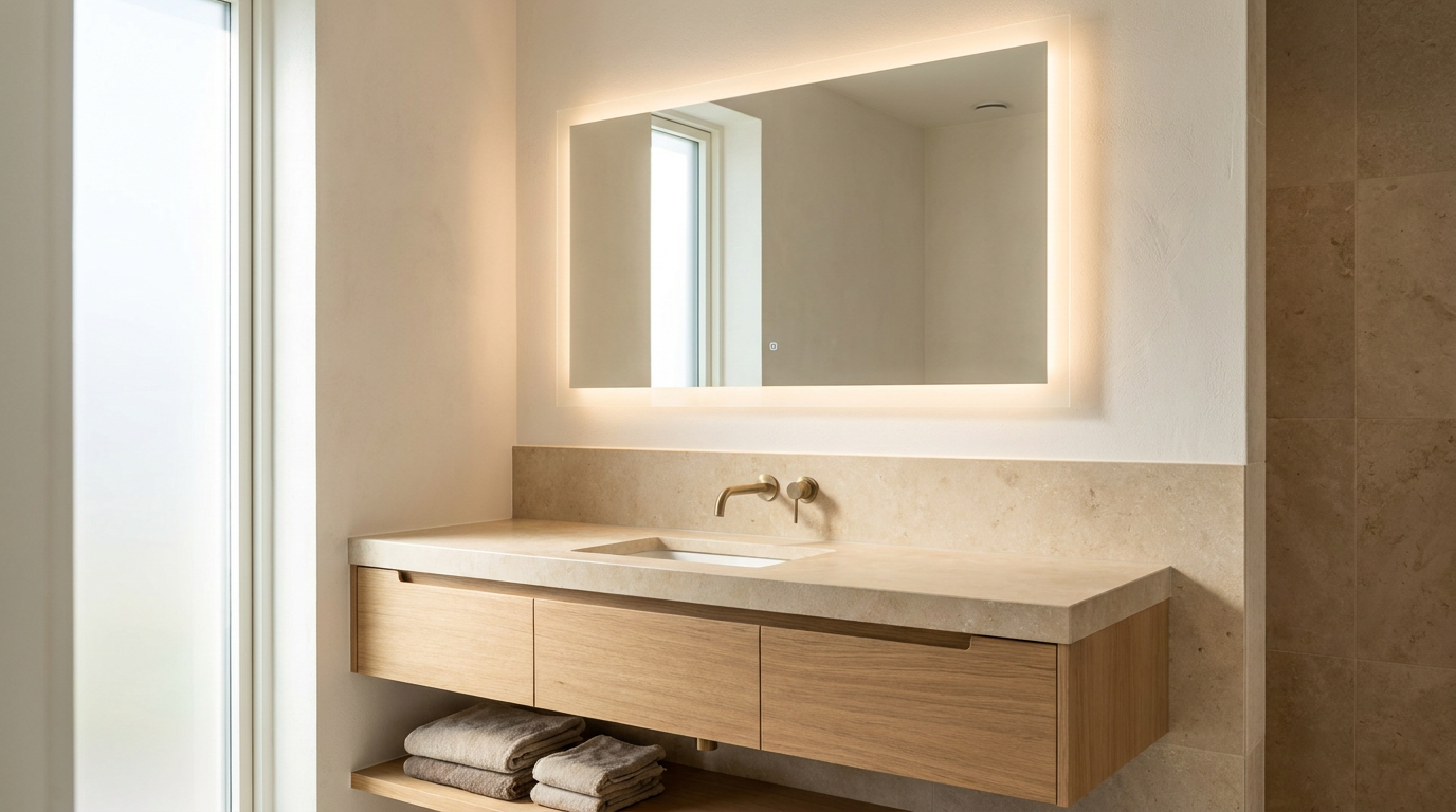 A large frameless backlit LED mirror above a warm stone vanity in a calm, premium bathroom