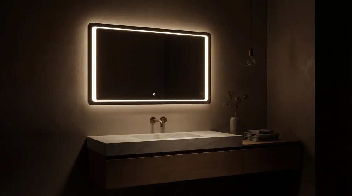 Backlit hotel bathroom mirror by Claris, DIMO, above a floating stone vanity