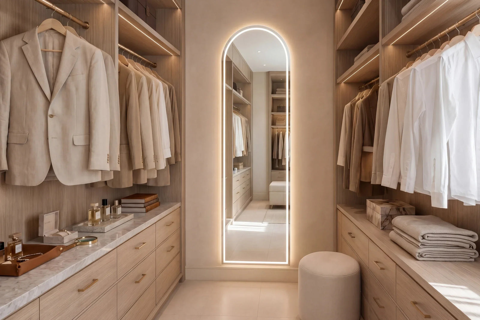 PULSE DECOR full-length backlit mirror on a warm wall in a home-living interior. Belgian glass. Claris Company.